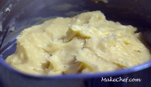 Beat the eggs into the dough, one at a time until fully incorporated into the batter