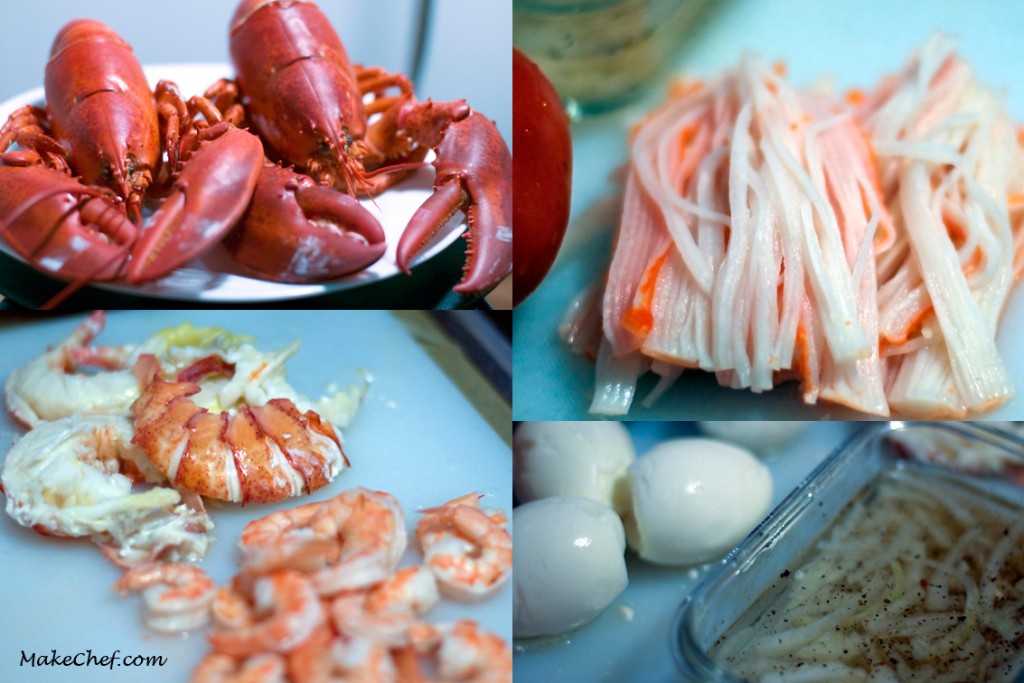 lobster, surimi, eggs, shrimps, dressing
